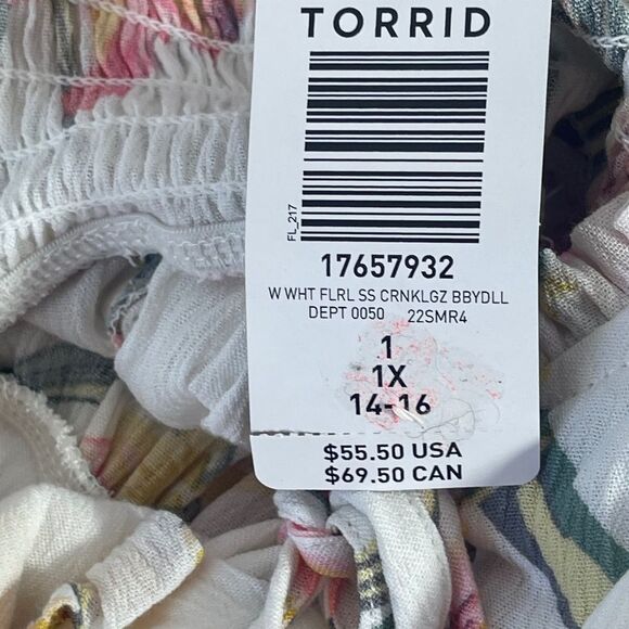 Torrid White Crinkle Gauze Smock Back Babydoll Floral Tunic Sz 1X - Picture 8 of 10